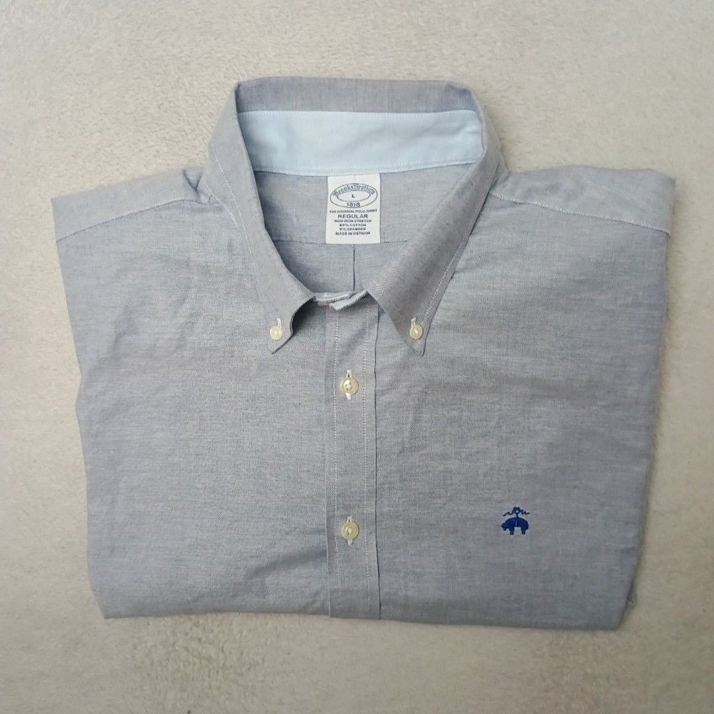 Brooks Brothers Shirt Mens L Blue Button-Up Short Sleeve Non-Iron Cotton Spandex